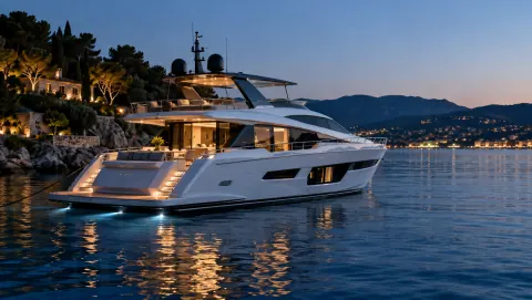 Yacht illuminato alla fonda di sera, davanti alla costa